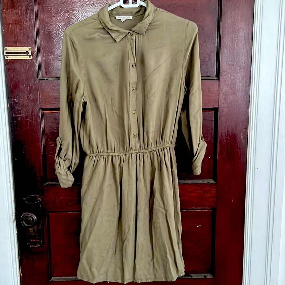 Army green, sleeved, half button up dress